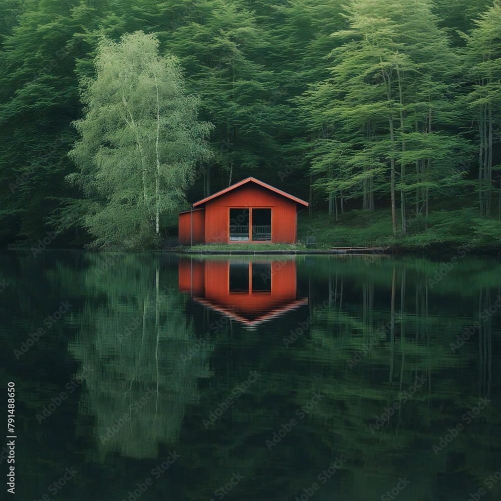 A Red House Sits On The Edge Of A Lake 