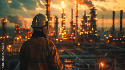 A man in a mask and protective suit against the background of an industrial installation surrounded by a poisoned environment.