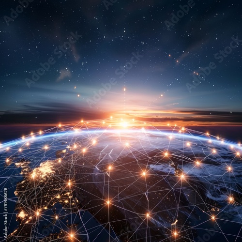 Illuminated network connections across Earth representing modern global business and technology