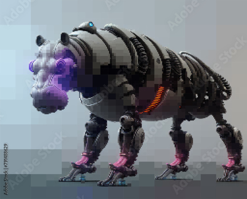 Hippopotamus cyborg. Vector illustration. Rectangular design.