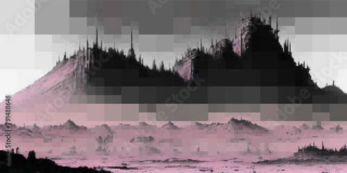 Fantasy mountain landscape. Vector pixelated illustration. Rectangular design.