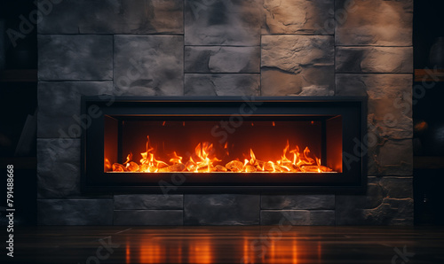 Fireplace with wood fire  modern design  generated ai