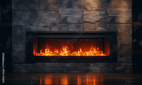 Fireplace with wood fire, modern design, generated ai