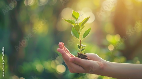 A woman's hand holds a growing plant. Beautiful blurred abstract green nature background.
