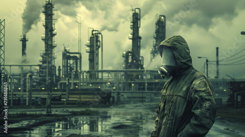 A man in a mask and protective suit against the background of an industrial installation surrounded by a poisoned environment.