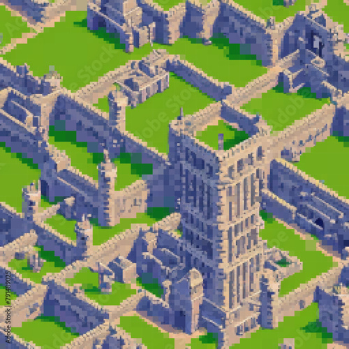 Medieval fortress. Seamless pattern. Vector pixelated illustration. Rectangular design.