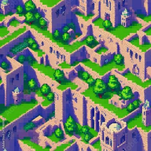 Medieval fortress. Seamless pattern. Vector pixelated illustration. Rectangular design.