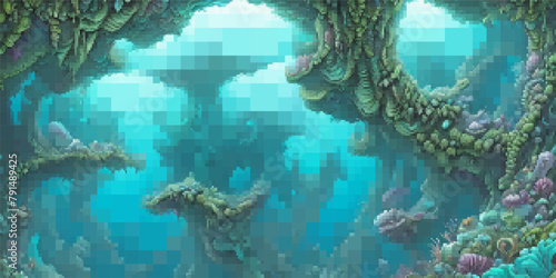 Underwater landscape. Aquatic background. Vector colorful illustration. Rectangular design.