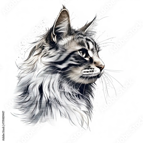 Cat portrait hand drawn sketch engraving style. Fluffy cat head sitting and looking. White background © elena_garder