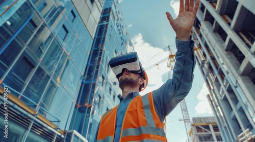 Happy male construction engineer having experience using VR glasses of virtual reality waving isolated on background of futuristic skyscraper. wide angle lens realistic lighting