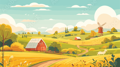 Cute rural landscape panorama with farm cartoon fla