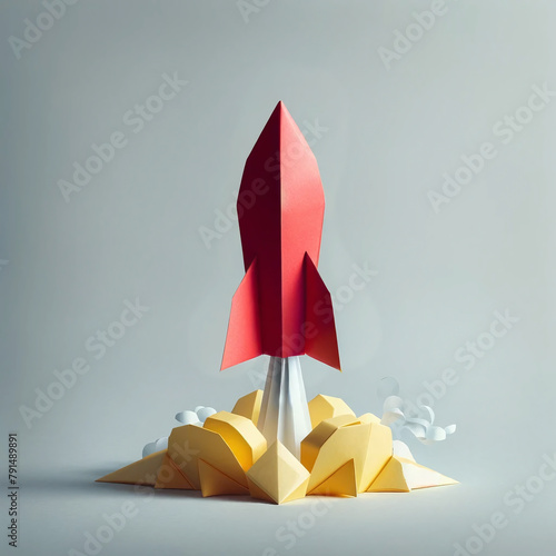 minimalist origami scene depicting a bright red rocket blasting off from its base