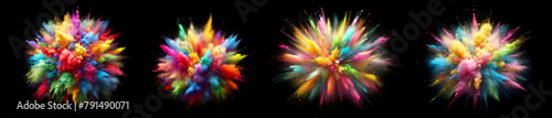 A vibrant explosion of colored powder pigments against a dramatic black background.