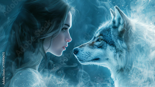 Fantasy woman with her wolf spirit guide 