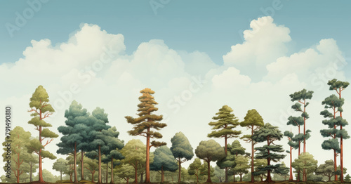 Natural and environmentally friendly concept illustration of many types of trees grows up from soil in different heights on a bright sky background. Generative AI. photo