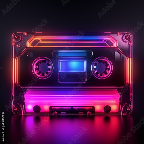 Retro audiocassette. Neon audio cassette. Old-school nostalgia concept © elena_garder
