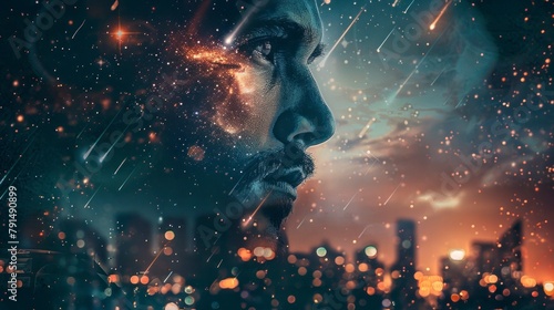 Double exposure photograph of a man with cityscape background and stars