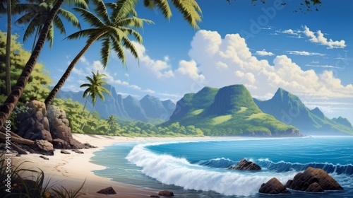 Tropical beach with coconut palm trees. Sea or ocean background