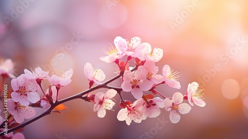 Cherry branch on pink blurred background. Spring concept card