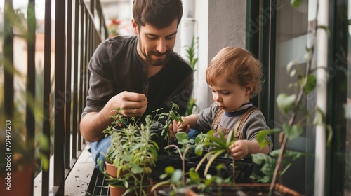 A man and a toddler engaging in gardening activities on a balcony.