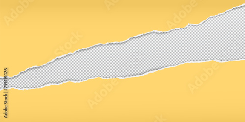 Yellow torn paper strips with soft shadow are on white squared background. Vector illustration.