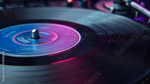 Close-up of a spinning black vinyl record on a DJ's turntable with vibrant lighting