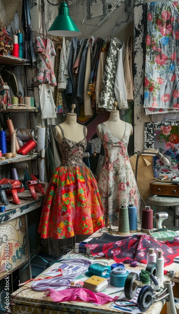 The creative chaos of a fashion designer's studio, filled with an assortment of sewing items