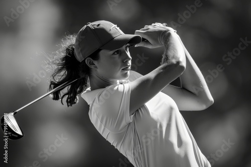The elegance and concentration of professional female golfer, her form perfect against the backdrop