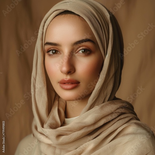 modern Muslim woman, her natural beauty accentuated by minimal makeup, beige hijab,