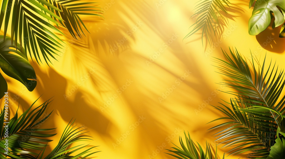 Tropical palm leaves with shadows on a vibrant yellow background