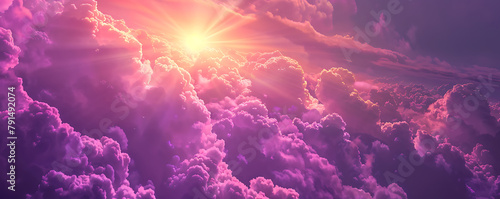 Hot summer or heat wave background, purple sky with clouds and glowing sun