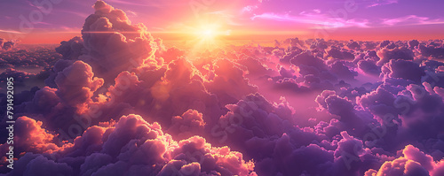 Hot summer or heat wave background, purple sky with clouds and glowing sun photo