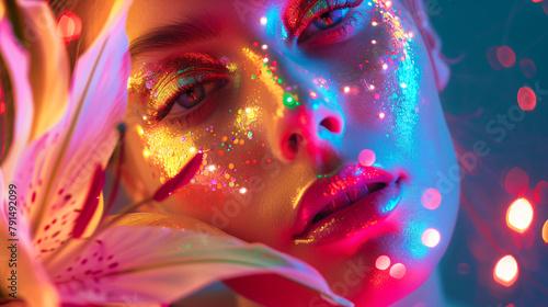 Fashion model woman in colorful bright golden sparkles