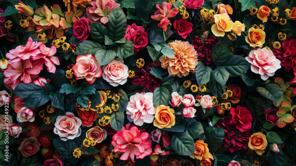 Close up of vibrant flowers and green foliage Close up of vibrant flowers and green foliage