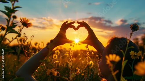 Young girl making heart shape with hands in flower field at sunset