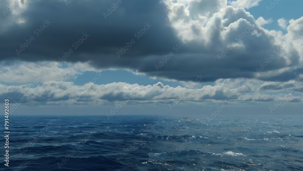 Night sea, seascape under the moon, night sky with clouds and moon above the water surface, 3d rendering

