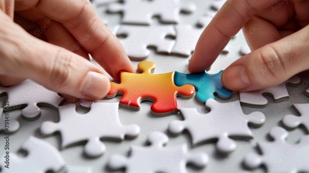 Connecting puzzle pieces by hand symbolizes teamwork and problem-solving in collaboration Connecting puzzle pieces by hand symbolizes teamwork and problem-solving in collaboration