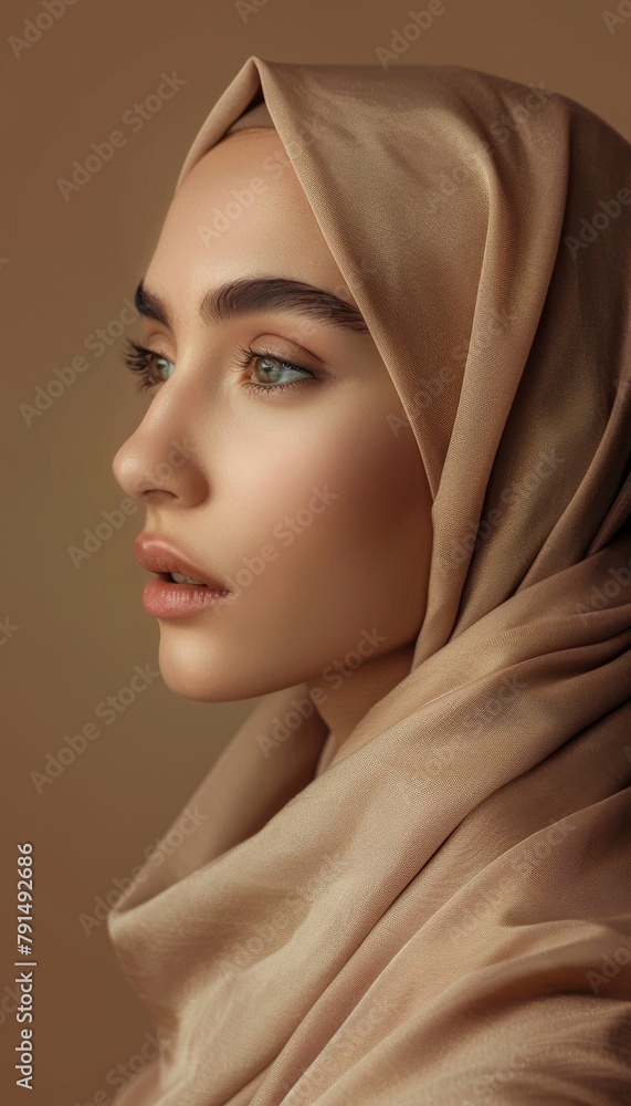 modern Muslim woman, her natural beauty accentuated by minimal makeup, beige hijab, modern Muslim woman, her natural beauty accentuated by minimal makeup, beige hijab,