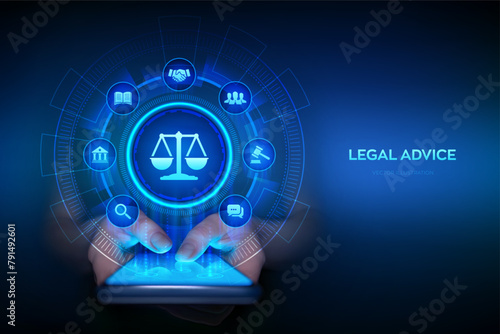 Labor law, Lawyer, Attorney at law, Legal advice concept on virtual screen. Cyberlaw as digital legal services or online lawyer advice. Smartphone in hands. Using smartphone. Vector illustration.