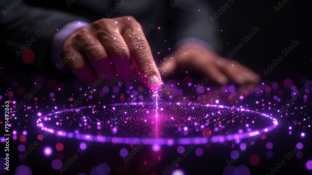 Next-Gen Market Insights Create an image of a businessman engaging with a futuristic interface, his finger navigating through social media Next-Gen Market Insights Create an image of a businessman engaging with a futuristic interface, his finger navigating through social media
