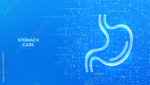 Stomach care. Treatment of stomach and digestive system diseases. Stomach icon. Gastroenterology clinic medical banner. Blue medical background made with cross shape symbol. Vector illustration.
