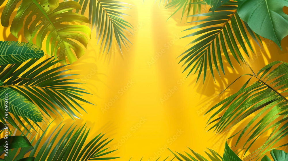 Vibrant tropical background with green palm leaves on a sunny yellow backdrop