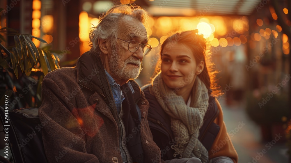 Compassionate young caregiver shares a tender moment with an elderly man in a wheelchair outdoors at sunset, surrounded by warm lights.