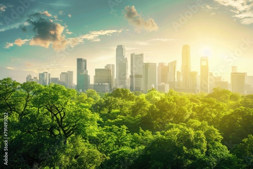 A city skyline transformed by green infrastructure and sustainable urban design, exemplifying the potential for cities to mitigate climate change and enhance quality of life for residents.