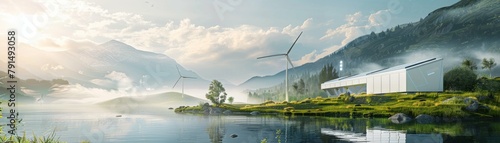 Green technology through a state-of-the-art battery storage system, surrounded by wind turbines