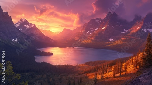 Beautiful colorful sunrise over St. Mary Lake and wild goose island in Glacier national park  Generative ai  