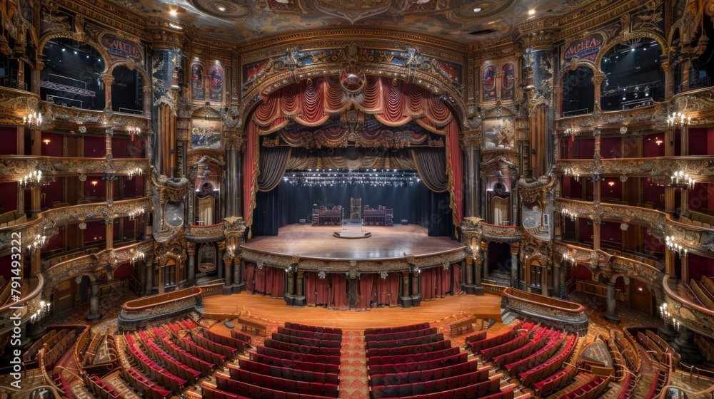 Obraz premium Preserve the pre-show atmosphere with a candid shot of people at the curtain, their laughter and animated conversations painting a