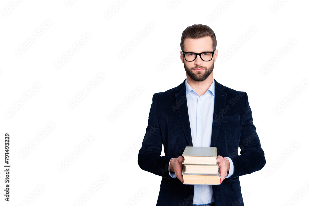 Portrait with copy space, empty place of stylish trendy teacher in shirt, jacket with stubble having three books in hands, looking at camera isolated on grey background Portrait with copy space, empty place of stylish trendy teacher in shirt, jacket with stubble having three books in hands, looking at camera isolated on grey background