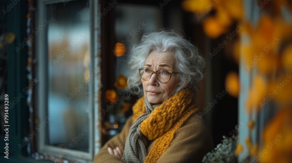 Senior woman with glasses reflects by a window adorned with autumn leaves, enveloped in a warm scarf, embodying solitude and pensiveness. Senior woman with glasses reflects by a window adorned with autumn leaves, enveloped in a warm scarf, embodying solitude and pensiveness.