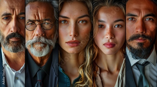 Featuring a series of close-up portraits of diverse individuals, this image captures various ages and ethnic backgrounds, emphasizing detailed facial expressions and emotional depth. photo